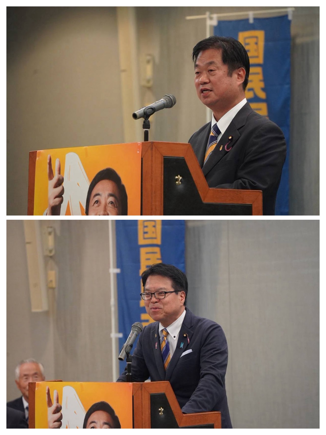 第1回定期大会であいさつする竹詰仁県連代表と浜口誠政調会長
